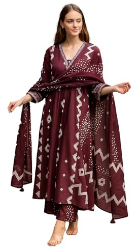 Yashika Kurta damset med byxor och dupatta av bomullsblandning (AZ-YS-KS2174 Maroon_CG1 L)