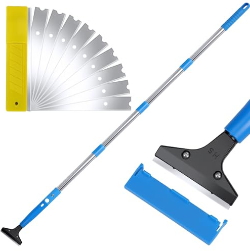 BigKing Grattoir à longue poignée, grattoir pour sol avec tige d'extension à 4 sections, 10 lames remplaçables, résistantes, polyvalentes, pour nettoyage des carreaux, papier peint, débris (bleu)