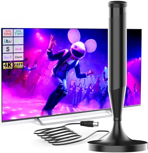 TV Aerial Indoor with Magnetic Base – 360° Reception Freeview Compatible Indoor Aerial for Smart TV – Supports 8K 4K 1080P HDTV – 5m Coaxial Cable