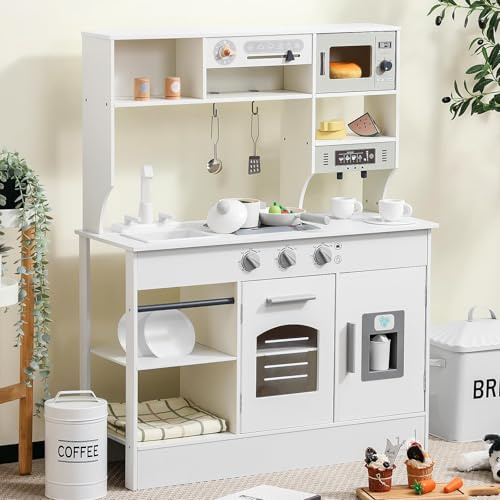 SainSmart Jr. Cocinita de madera para niños, color crema – con luz y sonido, dispensador de hielo, microondas, horno y fregadero, gran cocina infantil con accesorios, juego de rol a partir de 3 años