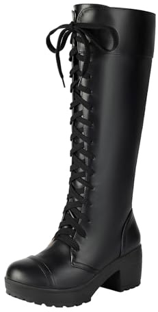 Bottes Hautes pour Femme Elegant Cuir à Lacets Talon Bloc Bout Rond Plateforme Fermeture Éclair Latérale Semelle Antidérapante Style Britannique Bottes Chaussures Décontractée 47
