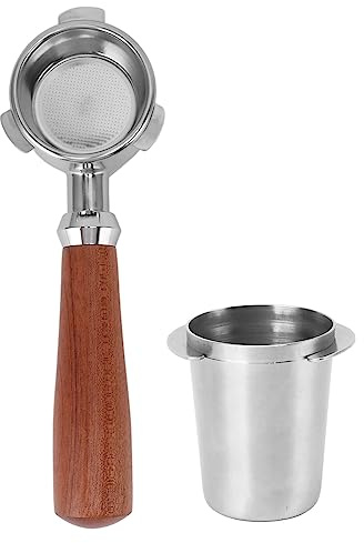 Portafiltro senza fondo in acciaio inox, portafiltro nudo senza fondo con coppa raccoglipolvere e manico in legno per macchina da caffè espresso, strumento da barista per casa e (Argento)