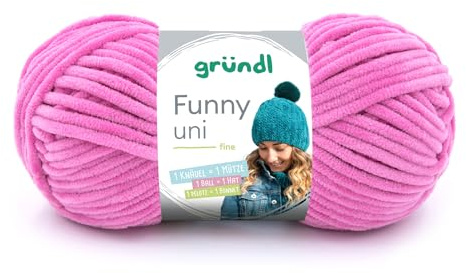 Gründl Wolle Funny uni - dicke weiche Chenille Wolle zum Häkeln - Häkelwolle - Strickwolle - Kuschelig und hautfreundlich - 100% Polyester - 1 Knäuel 100 g / 120 m - Nadelstärke 5-6 - Fuchsia