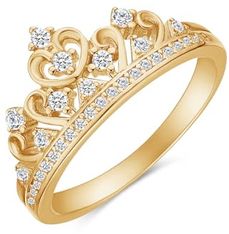 Princess Crown Ring, Round Cut Sparkling White Cubic Zirconia Promise Ring for Women in 14K Yellow Gold Plated 925 Sterling Silver Jewelry Gift for Her Size-10