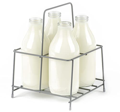 LIVIVO Milk Crate Bottle Holder Caddy for Milk, Juice, Wine or Beer Bottle Carton Carrier Grey Powder Coated Wire Holder (4 Bottles)
