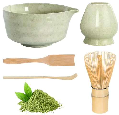 O-Kinee Matcha Set - 5 -teiliges Matcha-Tea-Set,Matcha-Set Grün mit Matcha Besen Matcha Schale Besenhalter aus Keramik Matcha Löffel,Matchaset für Einsteiger Geschenk
