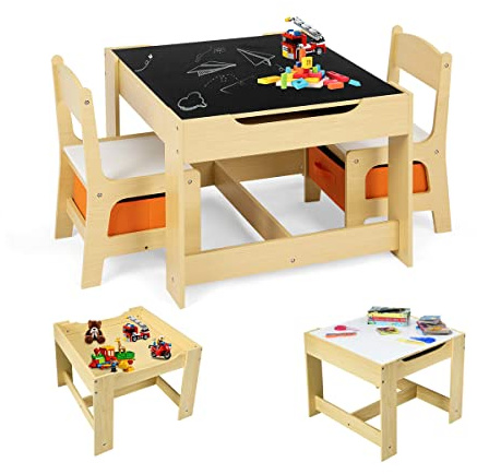 GIANTEX Juego de Mesa y 2 Sillas para Niños, Sillas con Cajones de Tela, Escritorio Infantil de Madera con Espacio de Almacenamiento, Tablero Reversible con Pizarra, Grupo de Asientos para Niños