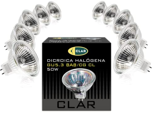 CLAR - Bombilla Halogena 50W, Bombillas 12V, Bombillas Halogenas, Foco 12V, Focos Halógenos, Bombillas 12V, Bombilla Alogena, Dicroicas (Pack 10)