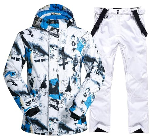 ALSOGO Herren Ski Jacke und Hosen Set Ski Anzug Winter Wasserdicht Winddicht Kapuze Schneemantel 2-Stücke Snowboard Sets 336-bl-White XL