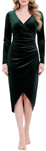 Melynnco Fall Cocktail Dresses for Women Wedding Guest Formal Christmas Party Long Sleeve Velvet Dress Small Dark Green