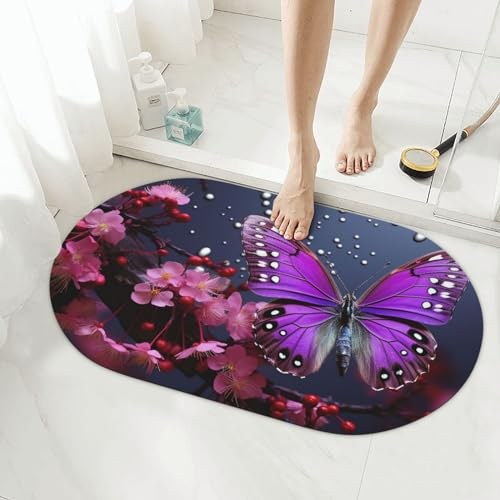 NONHAI Stein-Badematte, lila, Pflaume, Schmetterling, Kieselgur, Badematte, super saugfähig, Badezimmer-Bodenmatte, schnell trocknend, Kieselgur-Duschmatte für Dusche, Badewanne, Badezimmer-Zubehör,