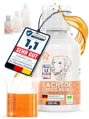 Pfotengenuss Lachsöl für Hunde 250ml - natürliche Omega 3, 6 & 9 Quelle - frisch abgefüllt in Deutschland - natürliches, hochdosiertes Lachs-Öl - Barf-Öl
