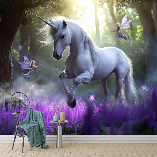 Fototapete Lila Blumen Und Feen 150 x 105 cm - Fototapete Schlafzimmer Wandtapete Einhorn Im Wald Vliestapete UV-Beständig Wandtapete Geruchsfrei Montagefertig Wand Dekoration