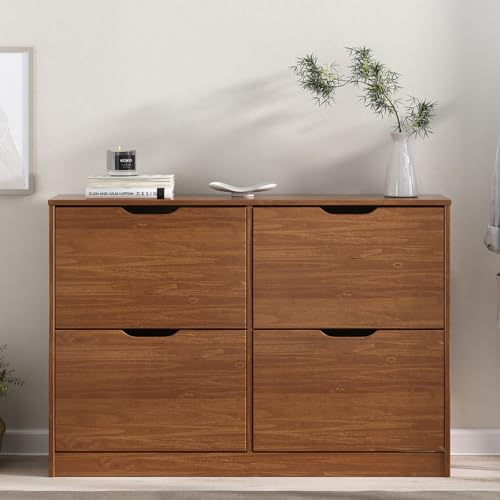 IDIMEX Meubles à Chaussures Basil Armoire avec 4 abattants, en Pin Massif, Coloris châtaignier
