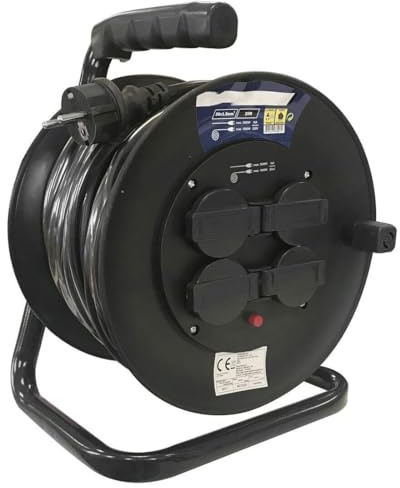 Enrollador extensible 50m, cable 3x1,5mm, 3600W, 4 tomas; ideal para uso en exteriores y herramientas eléctricas.