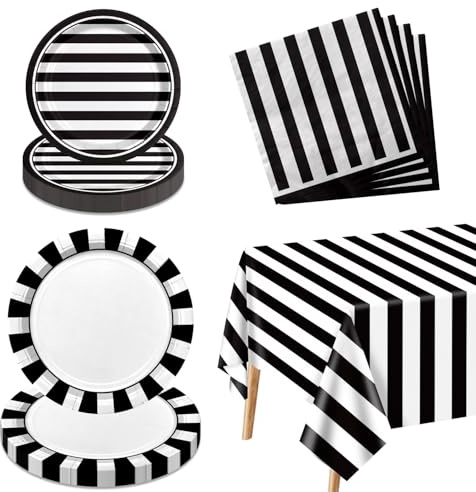 61 Piezas Suministros De Fiesta A Rayas Blancas Y Negras Con Platos De Papel Servilletas Mantel A Rayas Blancas Y Negras Para Cumpleaños Boda Graduación Halloween Baby Shower Para 20 Personas
