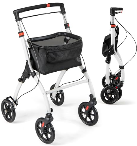 COSTWAY Andador para Ancianos con Bandeja, Caminador Anciano Ligero Plegable, Cesta de Almacenamiento, 4 Ruedas y Frenos, Andadores Estrechos con Altura Ajustable para Personas Mayores