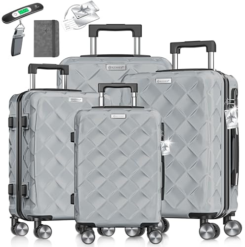 KESSER® Set di 4 valigie da viaggio in ABS, con serratura a combinazione, bilancia e portafoglio, ruote a 360°, bagaglio a mano e grande valigetta per trolley, grigio