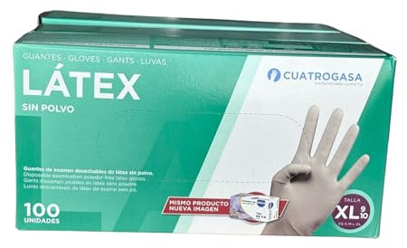 Cuatrogasa Guante de Látex Sin Polvo - Ambidiestro, Talla XL | 100 Unidades | Uso Profesional- Médico y Alimentario | Alta Sensibilidad y Protección