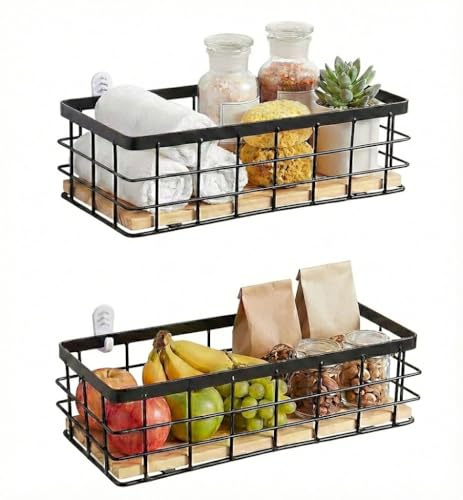 Cesta de alambre, cesta de metal para almacenamiento, cesta decorativa de pared, base de madera, para baño, cocina, despensa, aperitivos de frutas, color negro,29x13x10cm(unidades)