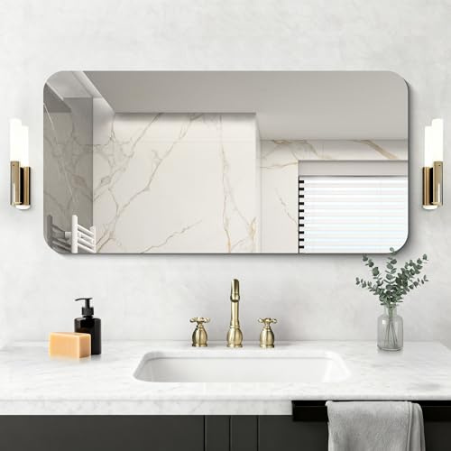 NIMURY Espejo de pared rectangular, 50 x 100 cm, sin marco, espejo de baño con esquinas redondeadas, espejo rectangular para baño, dormitorio, salón, colgante horizontal o vertical