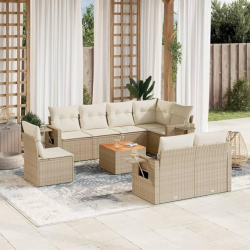 IBUQDDV Set di 9 divani da giardino con cuscino beige polyrattan, design modulare con rivestimenti rimovibili e pratici ripiani pieghevoli, stabile tavolo in legno di acacia, 9 pezzi
