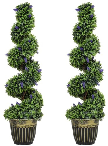 HOMCOM Set 2 Piante Finte da Interno di Bosso a Spirale 115cm con Lavanda, 41 Fiori e Vaso, Piante Topiaria Artificiali da Esterni, Pianta Finta Anti-UV per Decorazione Casa, Giardino, Verde e Blu