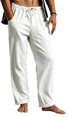Cegerne Pantaloni in Lino Uomo Lunghi Leggeri, Pantaloni Estivi Casual con Vita Elastica e Coulisse, per Spiaggia Vacanze Medievale Vintage e Uso Quotidiano, Bianco, M