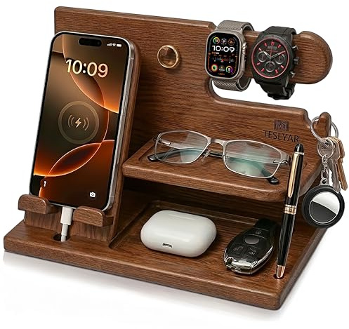 TESLYAR Cadeau Homme – Organisateur de Bureau en Bois avec Support Téléphone et Montre, Station d’Accueil, Docking Station, Support Montre, Idée Cadeau Papa Anniversaire, Fête des Pères, Noël - Beige