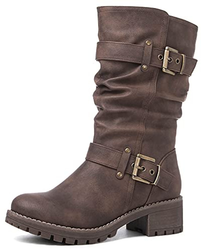 GLOBALWIN Women's Mid Calf Dress Boots Biker Motorcycle Riding Boots Women For Women Brown Size 7M