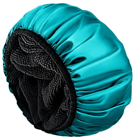 Aquior Shower Cap, Extra Large Triple Layer Bathing Cap with Dry Hair Function for Women Microfiber Terry Cloth Silky Satin 100% Waterproof Reusable Long Hair Bath Caps (Green)