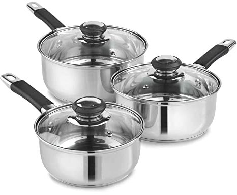 LEWIS'S Non-Stick Induction Saucepan Set with Glass Lids - Stainless Steel Kitchen Cookware - Ultra-Conductive Cooking Pots with Vented Lids (Set of 3)