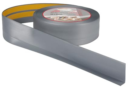 ProfiPVC Perfil Angular Suelo 50x20mm - 10 metros, Rodapié de acabado, ideal para cocina y baño, cinta autoadhesiva de PVC, rodapié flexible y blanda, Plata