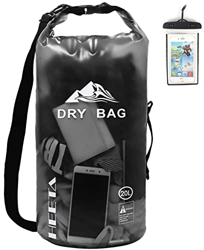 HEETA Dry Bag Wasserdichter Packsack 5L/10L/20L Wasserdicht Taschen mit Handytasche und Gurte für Boot und Kajak, Angeln, Rafting, Schwimmen(Schwarz) -20L