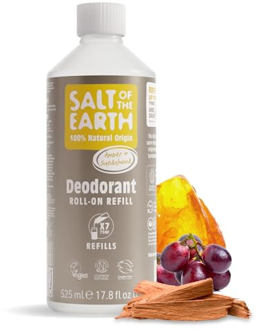 Salt of the Earth – Påfyllning till naturlig deodorant i roll-on-form | Amber & Sandalwood, påse à 525ml – 5 påfyllningar för roll-on, långvarigt skydd och en vegansk formula, 100% naturlig