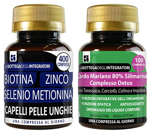Set di integratori capelli pelle unghie + depurativo antiossidante | biotina zinco seleniometionina 400 compresse + cardo mariano complesso detox 100 compresse | senza glutine