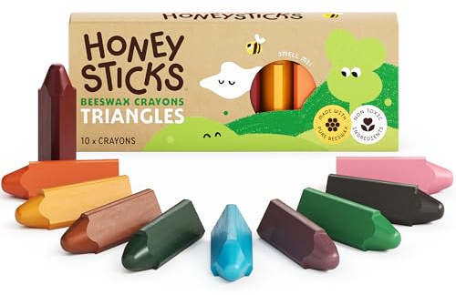 Honeysticks Dreieckige Wachsmalstifte (10er-Pack) - Wachsmalstifte Ab 1 Jahr, Baby Malstifte aus Bienenwachs, Dreieckige Form, Leicht zu Greifen, Ungiftig, Umweltschonend, Handgemacht aus Neuseeland