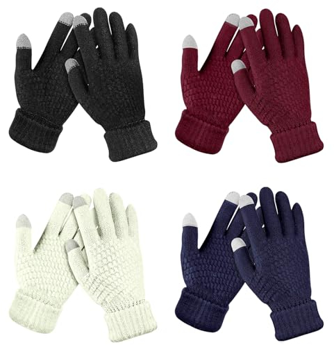 4 Paar Handschuhe Winter Damen Touchscreen Handschuhe, Warme Fleece Gefütterte Strick Outdoor Handschuhe Damen, Winterhandschuhe Damen Winterhandschuhe Winter Handschuhe für Radfahren Skifahren
