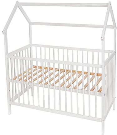 Generisch Baby Delux Babybett Kinderbett Hausbett 120x60 cm weiß mit Dach Rollrost 3-Fach höhenverstellbar (mit Schaumstoffmatratze 120x60x6 cm)