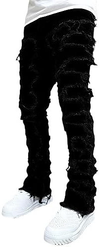 Pantalones Vaqueros Apilados para Hombre, Ajustados y Rasgados, Pantalones de Mezclilla Y2K góticos Harajuku EMO Hip Hop, Negro -, Large