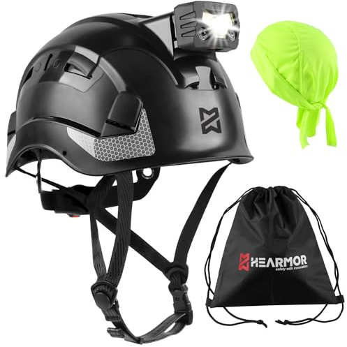 HEARMOR Höhenarbeiten Industriehelm Erwachsene Bauhelm LED-Kopflampe inklusive ABS Schutzhelm Zertifizierung EN12492 Bestanden EN397 Stoßdämpfung und Eindringfestigkeit Test