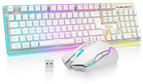RedThunder K10 Teclado Gaming Sensación Mecánico Inalámbrico,Retroiluminación RGB,Batería Recargable de 3800 mAh, Anti-ghosting+Ratón 7D 3200DPI,Disposición ES,para PC/PS5/Xbox-Blanco