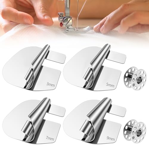Jeffdad 4 Stück Universal Rollsaum Nähfuß für Nähmaschine, Nähmaschinen Zubehör Set mit Metall Spulen, Näh Rollsaumfuß Set mit 4-Größen (3-9mm), Edelstahl Rolled Saum Presser Für Zuhause Nähmaschinen