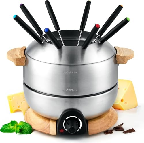 Sanenchue Fondue Pot, 6-Cup Electric Fondue Pot Set for Cheese & Chocolate, 8 Color-Coded Forks, Temperature Control, Stainless Steel Pot Set, Solid Wood Base and Handle, FD-24