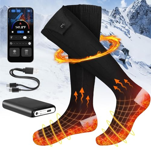 Rechargeable Heated Socks With Large Heating Area for Men Women - 5000 mAh Electric Socks With 4 Levels Heat Settings up to 75°C for Skiing, Winter Camping, Hiking