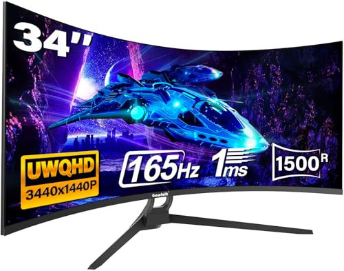 34 Inch Ultrawide Curved Gaming Monitor, 1500R PC Screen 165hz WQHD 3440x1440p Monitor, Curved Computer Display with FreeSync & Eye-Care Technology, DP, HDMI