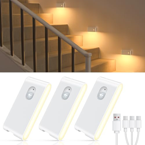 WILLED Motion Sensor Lights Indoor, Rechargeable Motion Sensor Night Light, Removable Magnetic Stair Lights, Closet, Kitchen, Stairs, Bedroom, Hallway, Toilet, Bathroom (3 Pack,Warm White)