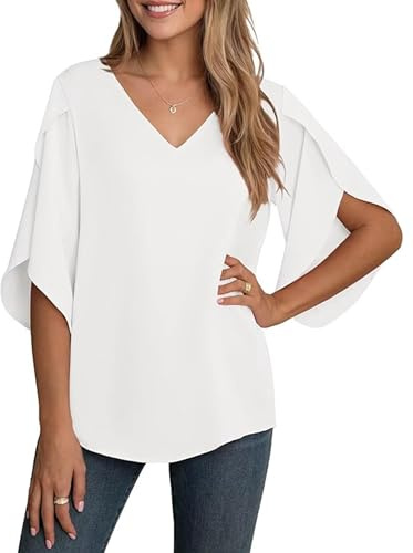 YGJIEGENG Women's Chiffon Blouse Ladies Tops Elegant Casual Loose 3/4 Ruffled Split Sleeve V Neck Summer Blouse T Shirts,White, X-Large