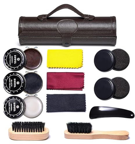 DOOCECIY Portable 12 in 1 Shoe Polish Kit, Brown Leather Shoe Cleaning Care Kit with Brush Travel Case Wooden Applicator Shoehorn