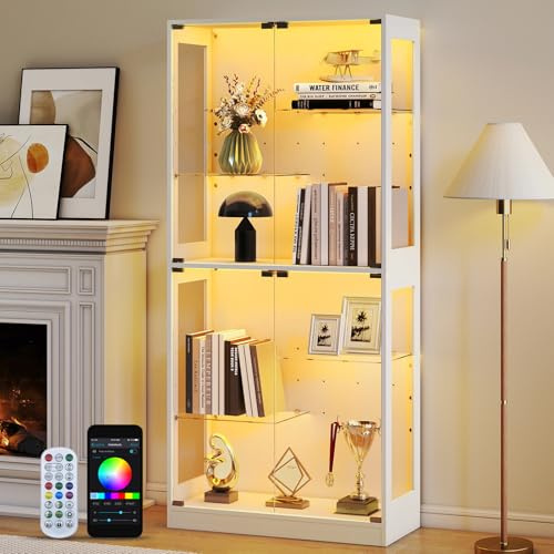 Lamtor Vetrina in vetro da 175 cm con illuminazione LED RGB – Armadio regolabile in altezza con vetro temperato di sicurezza e chiusura magnetica | Per collezioni in soggiorno (bianco)